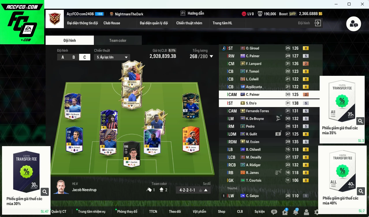 [ACC Rẻ🔥] Chelsea 2.928.830b có Eto ITM+5, Torres ITM+5, Essien ITM+5, Desailly CC, Rudiger SPL, Gullit LN, Lampard ITM+2, De Bruyne 24TY, Palmer WB... Còn nhiều CP GIẢM THUẾ